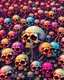 Placeholder: a field of skulls growing from the ground like fungus, multi colored, bright, vivid, psychedelic high detailed, matte, bunches and bubbled up mini skulls and sinew, horrorcore, vines