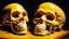 Placeholder: a picture of a dark, comedic, anatomically correct skull of a smiley face, photo realistic, highly detailed, yellow, old, part of a collection of bones on display on a scientists shelving, round, egg shaped eye sockets, darker background, underglass