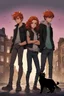 Placeholder: Two teenage brothers with ginger hair plus a teenage punk girl with dark hair are standing in characteristic book cover-style poses. The big black cat walks with them. They are young amateur detectives. The town street in the background, a mysterious atmosphere