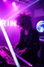 Placeholder: French cool synth player with crazy techno acid hair, he is called "Jean-Maurice Brûlée" performing at dance club, his name is "Jean-Maurice Brûlée" , white and purple Neon lights and purple smog, and "URINIUM" big sign on the wall, he is playing on synthesizers on stage with lot of laser beams and wearing black sunglasses, an earth is projected in background