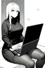 Placeholder: thin hacker girl use a laptop sitting in a cafe, line arts, greyscale