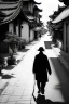 Placeholder: Black & white man walks on road's chinese village with playing light and shadow as ho fan style