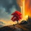 Placeholder: A cinematic atmospheric oil painting landscape dramatically split between cool misty blue-gray tones on the left and warm golden-orange sunset hues on the right. A vibrant red tree blazes like flames against the dramatic sky on the right side. Cascading vertical color streaks create a surreal waterfall effect throughout the composition. Two human figures a man and a woman and a dog walk intimately side-by-side along a winding path in the foreground. A rustic wooden cabin sits