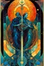 Placeholder: Create a chaotic abstract cubist Tarot Card depicting an ornate,The Three of Swords , in the style of Bill Sienkiewicz, Philippe Druillet, Gustav Klimt, Alphonse Mucha, and Jean Giraud Moebius, precisely drawn, colored and inked, in muted colors, with ornate bordered edges