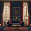 Placeholder: Living room in midnight blue, red and gold. large window with curtains