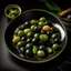 Placeholder: A plate of black olives and a plate of green olives?