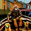 Placeholder: An old fisherman wearing waterproof trousers, round spectacles, a ragged brown leather jacket, wearing black rubber boots sits in a wooden boat sailing from the boat dock in a small fishing harbor towards the sea, next to him sits a golden retriever dog in the boat, it is raining, reflections of splashing oil paint Old houses in dull background colors of a port town in the Faroe Islands. Textured pictorial fantasy is artistic. Oil paint splattered intuitively. Very dull colors.