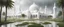 Placeholder: Hyper Realistic massive huge white mosque with white flags on the roofs at a rainy day with grassy pathway, palm trees