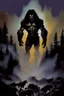 Placeholder: "Double Exposure" {{{{paul stanley full color oil painting art by Alex Ross, fog and clouds rising in the foreground}}}}. {{{{A giant werewolf roaming the woods at night, oil painting art by frank frazetta}}}}