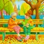 Placeholder: A whimsical painting of an 80-year-old grandmother knitting a yellow sweater on a bench in the boulevard, while next to her on the bench is a 5-year-old little girl knitting a small pink sweater, the grandmother with wild ginger hair and large green glasses, wearing a cozy mustard sweater and striped yellow tights. She sits on a bright yellow green bench, intently focused on her knitting needles and yarn. From around on the bench and on the floor, balls of yarn, a knitting basket and needles sur