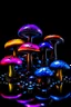 Placeholder: Diseased colourful mushrooms and fungi growing from black oil with a black background in the multiverse