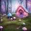 Placeholder: a cute pink and blue fairy house in the forest, spring time, mushrooms, 8k, flickering light, centered, high-quality, fine-detail, digital art, detailed matte, volumetric lighting, illustration, 3D octane render