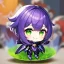 Placeholder: Clear focus,High resolution,High quality, Smiling, Purple long fluffy hair, Green eyes, Wearing a pink mech uniform, Honkai Impact Star Rail, Chibi