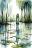 Placeholder: The woman is standing in the swamp. She face is scared. watercolor drawing.