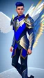 Placeholder: a human male with blue short hair and blue wings in assymetrical armor with geometric patterns and a book in hand, geometric wings