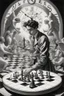 Placeholder: harlequin playing burning chess on racing field with a confused look on his face in front of a huge clock with angels guiding the pointers, in the style of Escher