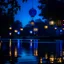 Placeholder: chinese lanterns on a lake, dark blue colours, night time, photo quality