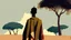 Placeholder: Design, African man, oil painting, featureless, graphic, drawing without facial features, background, sky, trees, traditional clothes, cartoon, looking left