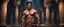 Placeholder: Hyper Realistic shirtless muscular handsome short black hair Indian King smiling & holding sword in a huge dark catacombs with traditional pillars at night