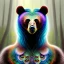 Placeholder: portrait of bear peacock as cute woman, fine pencil, spray paint, chalk, blurred forest background, mist, sunrays