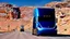 Placeholder: A Tesla semi-truck is racing at top speed, at Petra, in Jordan. CINEMATIC. WIDE ANGLE LENS.