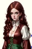 Placeholder: {{Woman}}, Female, Fair Complexion Skin Tone, Long Hair, Dark Red Hair, Adult, {{Perfect blend of Rose Dewitt Butaker+Madelaine Petsch}}, {{Emerald Green Eyes}}, Blue Cloth Medieval Attire, Ultra realism