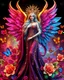 Placeholder: Masterpiece art amazing art picture in Luxurious 3d colorful fractals sharp colors,vibrant colors,neons colors standing pose sweet pose a luxurious adorned carnival beautiful angels queen gothic,hair silver,straddle wings,luxury shiny diamonds jewelry,golden shiny adorned,in fractals 3d outside ,fractals colorfull,Fully of flowers,butterflies,peacock birds,leaves in 3d outside fractals neons vibrant colorful backgrounds