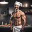 Placeholder: Hyper realistic very handsome shirtless muscular short black hair male chef smiling & standing wearing a towel in a dark kitchen