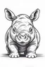 Placeholder: simple outlines art, bold outlines, clean and clear outlines, no tones color, no color, no detailed art, art full view, full body, wide angle, white background, a smiling cute baby rhino