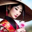 Placeholder: close-up of a gorgeous, stunning Japanese woman with bamboo umbrella, cherry blossoms, kimono, 8k, high-quality, ultra-fine detail, detailed matte, digital art, octane render, Brian Froud, Howard Lyon, Anna Dittman, Anne Stokes, Selina French, Greg Rutowski