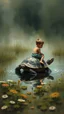 Placeholder: A small boy riding on a turtle in water a forgotten battlefield overrun by vegetation, cutesy tiktok detailed oil painting, grainy, old style