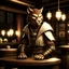 Placeholder: A distressed male khajiit from Skyrim dressed in rags with brown spotted fur in a medieval fantasy tavern