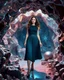 Placeholder: make a picture pretty cave made of crystal and metallic 3d fractal recursive cubic and sphere base structures and a beautiful fashion model lady with cute,with dark cyan decholte top and pretty pleated midi skirt,siver,curvy long hair,makeup, she walks in cave ,dynamic camera fallow her inside cave capturing full body, dynamic lights.