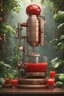 Placeholder: Realistic 3D rendered juicer in steampunk background style, front view, shinny bronze, cogs, tap with liquid flow, liquid tap, wooden chamber, wooden handle, analog gauges, fresh red juice, ivy plants, rainforest jungle vibes, hydrolic system, futuristic, simple and clean, 8k post-production, artstation: award-winning: professional portrait: atmospheric: commanding: fantastical: clarity: 16k: ultra quality: striking: brilliance: stunning colors: amazing depth