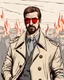 Placeholder: a young man with big muscles who looks like hans gruber wearing a trench coat and red sunglasses staring with an irritated look on his face standing in front of a fire