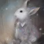 Placeholder: white platinum rabbit with blue third aye and butterfly wings, aboriginal, dot painting, indiginous, dot, mud, dream-time, abstract, dots, natural pigment, extremely sharp detail, finely tuned detail, ultra high definition, 8 k, unreal engine 5, ultra sharp focus, art germ and Paul Lewin and Kehinde Wiley