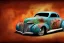 Placeholder: abstract painting in the randomly mixed art styles of salvador dalí and aaron horkey, 1939 chevrolet coupe, chopped roof, lowered, classic dragster wheels, industrial buildings background, intricate details, cinematic, 8k, octane render, centered camera view, hdr, uhd, pivot on chevrolet