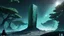 Placeholder: few tiberium monolith deposits on the planet with a space trees on the left and right side, matrix codes and the back ground of the angels siting monolith made of tiberium