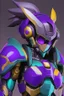 Placeholder: One Genderless Cyborg made of old metal, has a human like face with a really long violet ponytail, the armor is similar to Omega from Megaman. The color palatte of the armour is deep purple and yellow. They have clear visor, and have Turquoise colured eyes. The Background is dark grey.