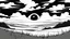 Placeholder: floating eye, anime, monochrome, black background, ink, simple, maximum quality, broken hinge, barely functioning, centered on frame, far view, in the middle of a grassy hill, white sky with cumulonimbus