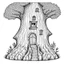 Placeholder: A fairy house carved inside a tree trunk, exact shape, real image, minimal lines, white back ground color, real style, realistic, minimalistic, minimal black line art, line art, crisp line art, unique coloring sheet, outlined, outline, crisp, crisp line edges, illustration, thin lines, crisp clear lines, line art, clean line art, unique, 8k, no colors, no dark color, no black color, avoid thick black, minimalistic line edges, pure white back ground,