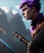 Placeholder: A strong young male character with a massive spear weapon with purple hair by Greg Rutkowski, Sung Choi, Mitchell Mohrhauser, Maciej Kuciara, Johnson Ting, Maxim Verehin, Peter Konig, 8k photorealistic, cinematic lighting, HD, high details, dramatic, atmosphereric, trending on artstation