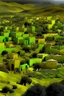 Placeholder: An olive green village with sword shaped houses designed in Moroccan rug art painted by Gustav Klimt