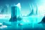 Placeholder: ice blocks, lagoon, seashore, distant futuristic city, epic, sci-fi