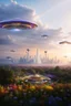 Placeholder: ufo rainbows, cité cristal très futuriste ultra moderne, ufos fleet, intergalactic, dômes de cristal, beautiful gardens , flowers
