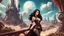 Placeholder: exotic sci-fi steampunk pin-up girl, with long dark hair, on an alien planet with cloud trees, tall spires, buildings, arches and bridges