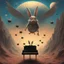 Placeholder: monochromatic black and white bugs bunny composer piano, diffrent planet, one swine pig piggy flying wasp angel, beksinski style daker theme dark black dark black monochromatic