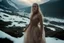 Placeholder: Hiper-realistic Close-up photo, Otherworldly, blonde Brown Actress knight Avant-Garde Dan Flavin-Iris Van Harpen translucent fluorescent fashion gown costume, Austrian Symbolism, arcane atmosphere, in the stormy sunrise mountains snowy River forest, by Sergei Parajanov movie