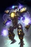 Placeholder: mechanical robot exosuit make electricity lightning coming from it, steampunk exosuit