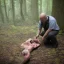 Placeholder: A paranormal investigator examines a butchered corpse in a dark forest